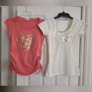 Dereon Coral and Cream Short Sleeve Tees with Gold Foil Logo Accents Bundle Of 2